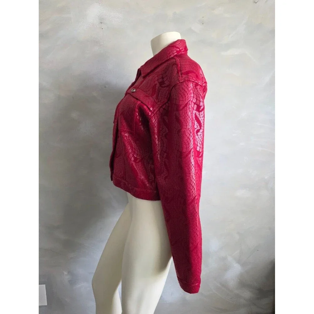Vtg Fubu Red Faux Leather Textured Print Shine Cropped Jacket Button Up Sz 9/10